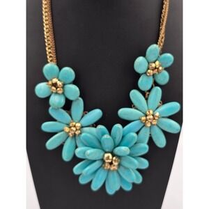 Faux Turquoise Floral Statement Necklace Bib Gold Tone Boho Flower Jewelry